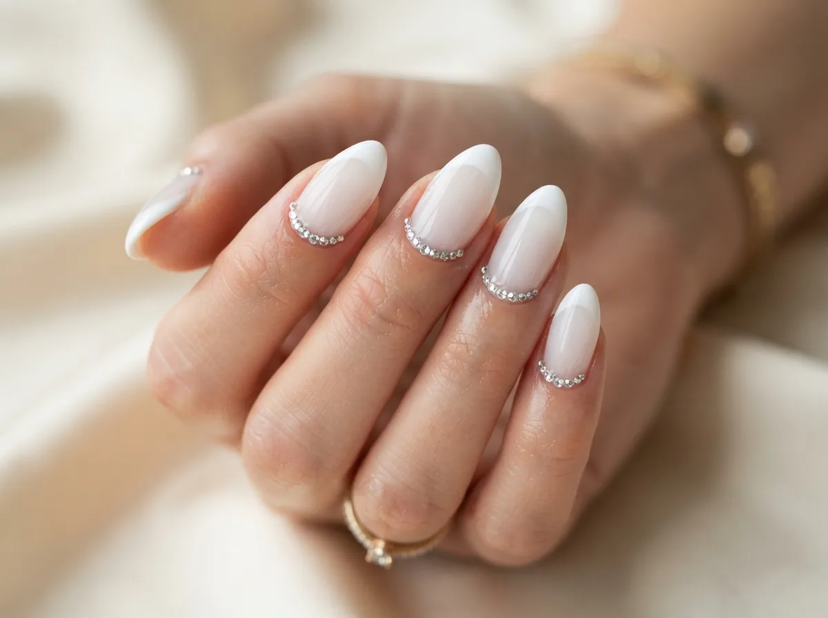 Milky White French Tips With Rhinestones — 16 French Christmas Nail Ideas for Effortless Elegance — image 15