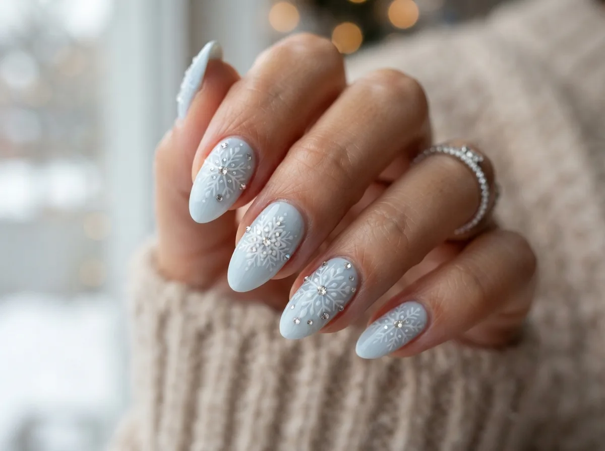 Snowflake Nails With Tiny Rhinestones — 16 Cozy Snowflake Nail Ideas for the Perfect Winter Vibe — image 15