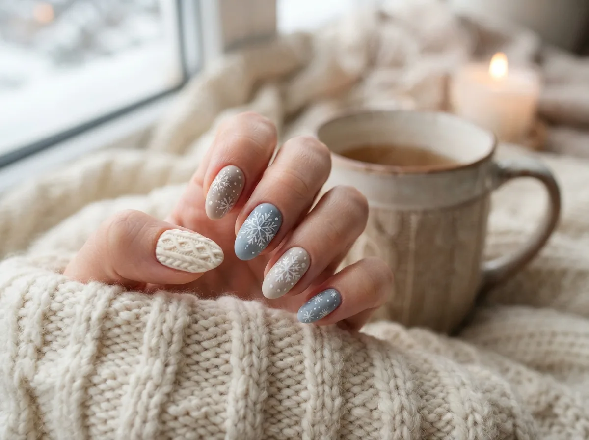 Cozy Sweater and Snowflake Nails — 16 Cozy Snowflake Nail Ideas for the Perfect Winter Vibe — image 16