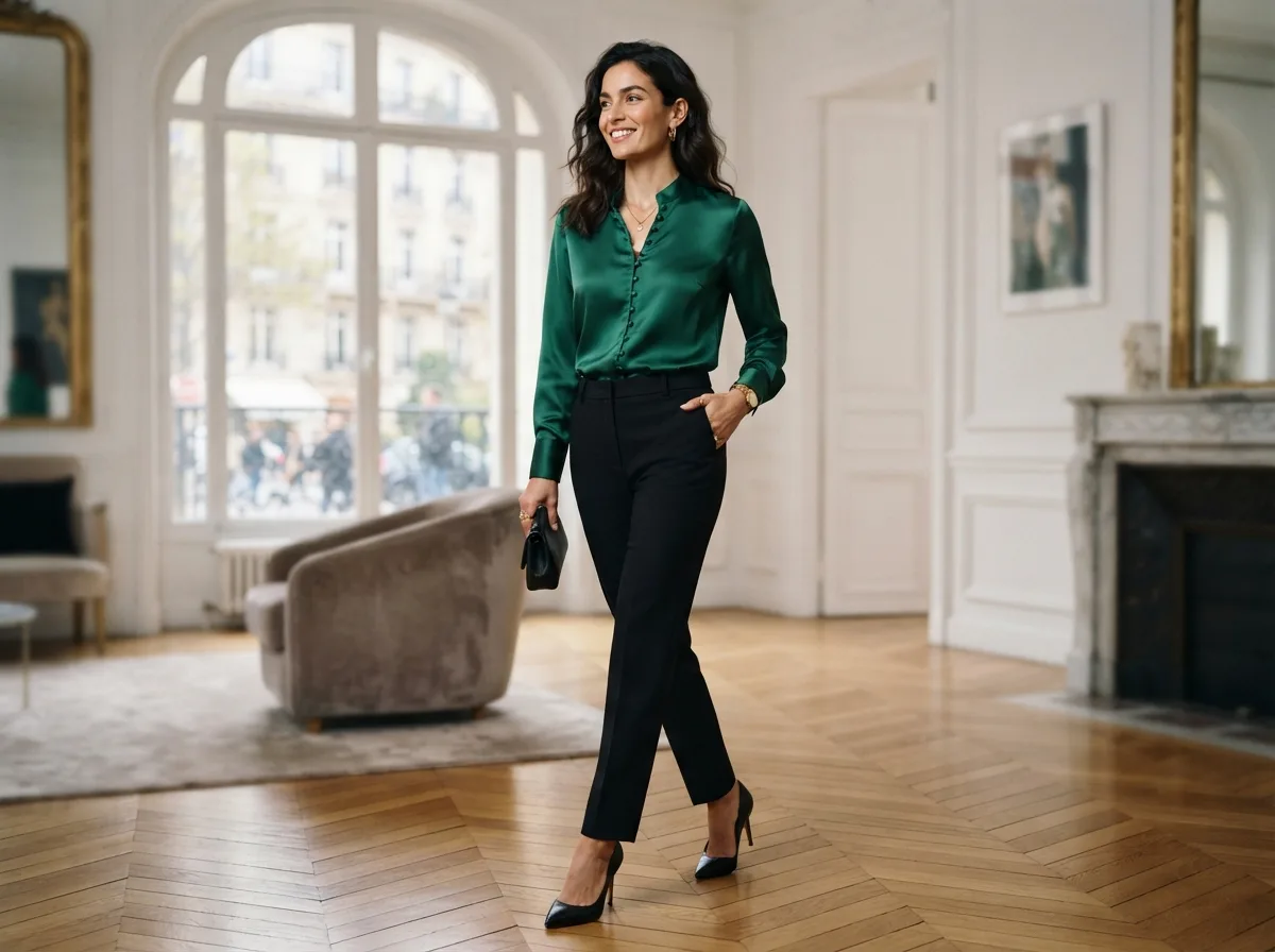 Emerald Satin Blouse and Black Trousers — 18 Christmas Party Outfit Ideas That Will Turn Heads — image 16