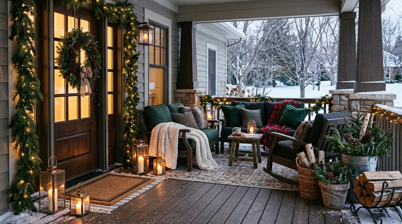 Combine Candles, Greenery, and Soft Textures — 17 Cozy Front Porch Ideas for Relaxing Winter Evenings — image 17