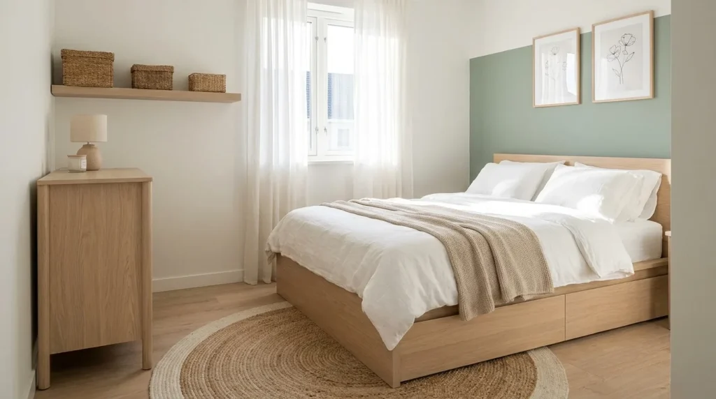 Small bedroom decorated in warm white, beige, and light wood for a bright, airy appearance.
