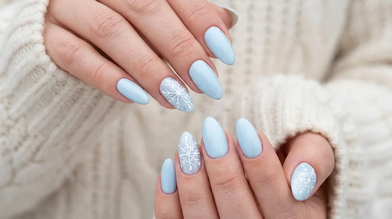Icy blue almond-shaped winter nails with delicate white snowflakes and subtle silver shimmer.
