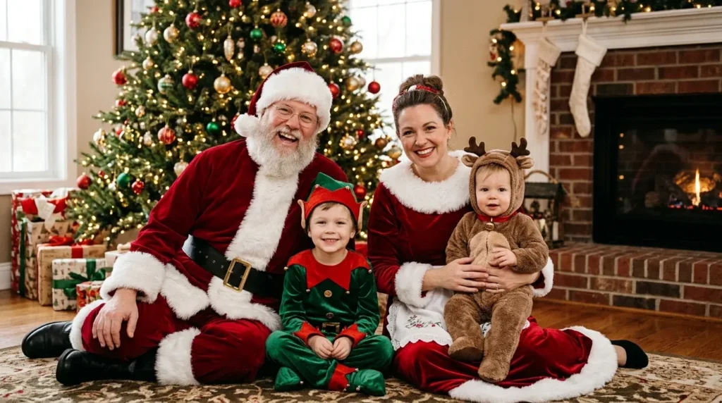 Family dressed as Santa, Mrs. Claus, Christmas elves, and a reindeer for a festive winter celebration.