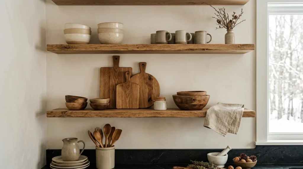 Warm wooden cutting boards, bowls, and accessories decorating open kitchen shelves for winter.