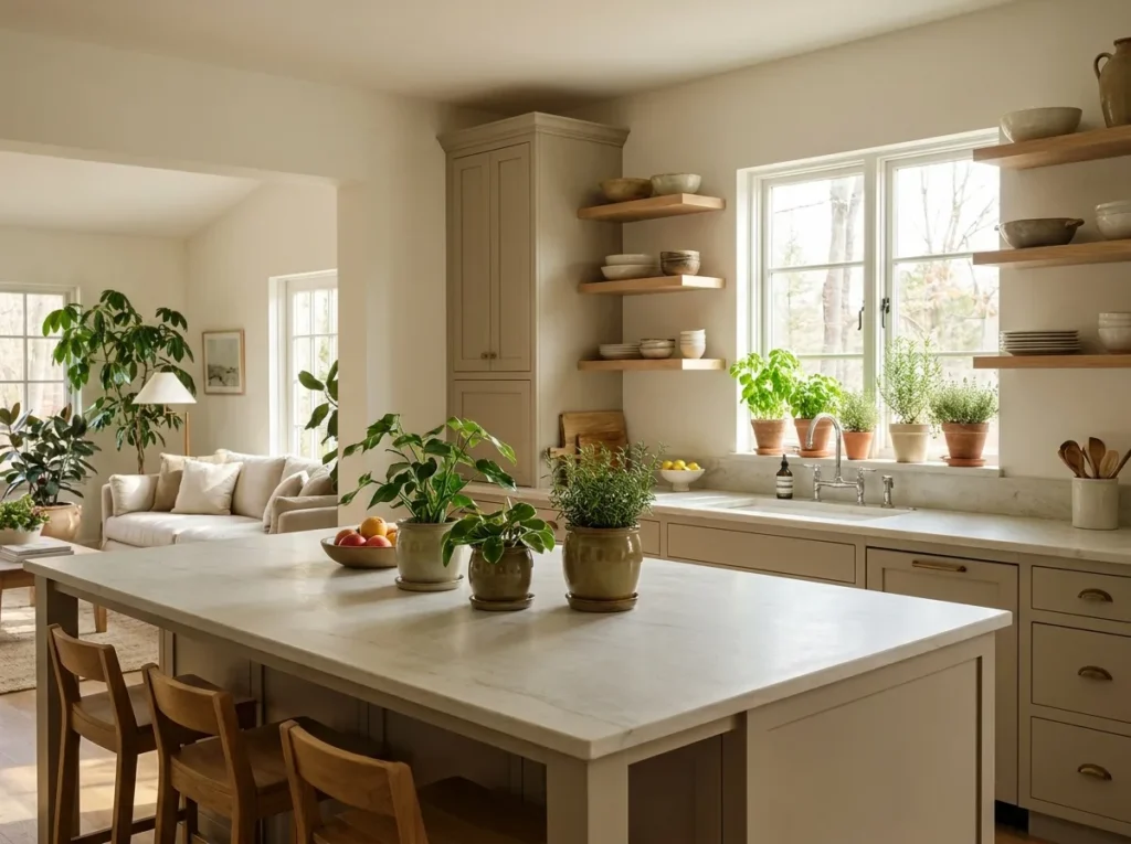 Modern minimalist open kitchen with cream cabinets, integrated appliances, and warm wood accents.