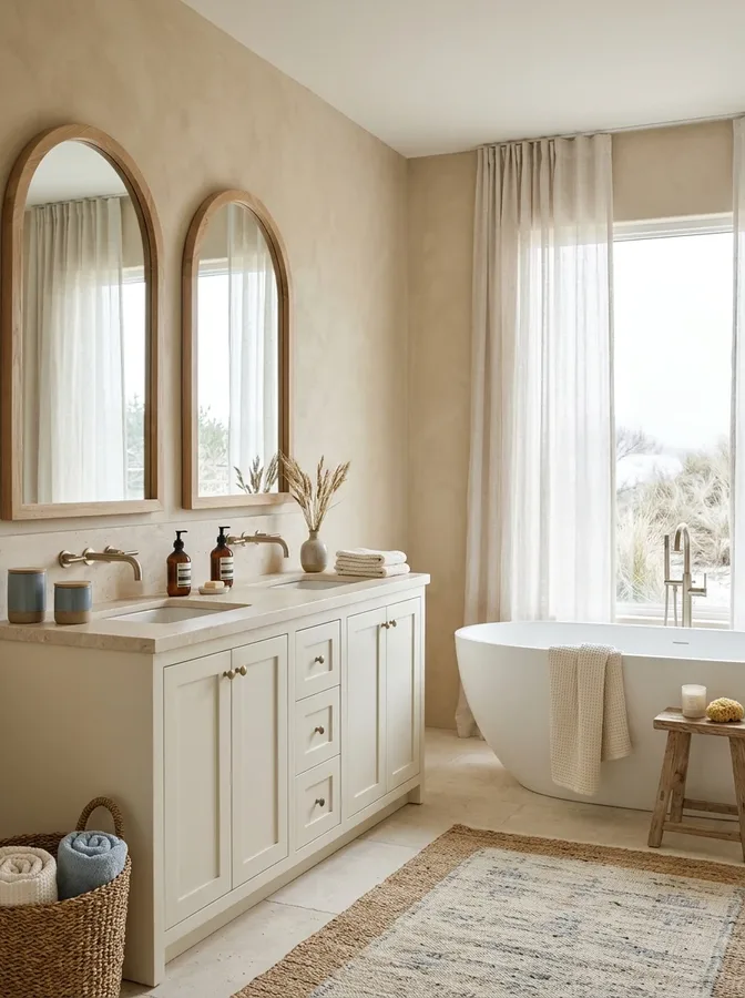 Coastal bathroom featuring sandy neutral walls, creamy white finishes, and warm natural textures.