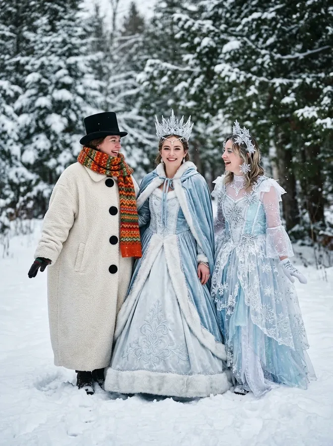 Three friends in adorable snowman, snowflake, and Snow Queen costumes in a snowy winter setting.
