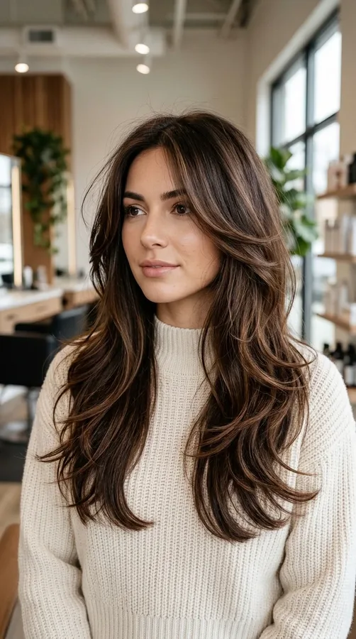 Long brunette hair with soft layers and face-framing pieces.