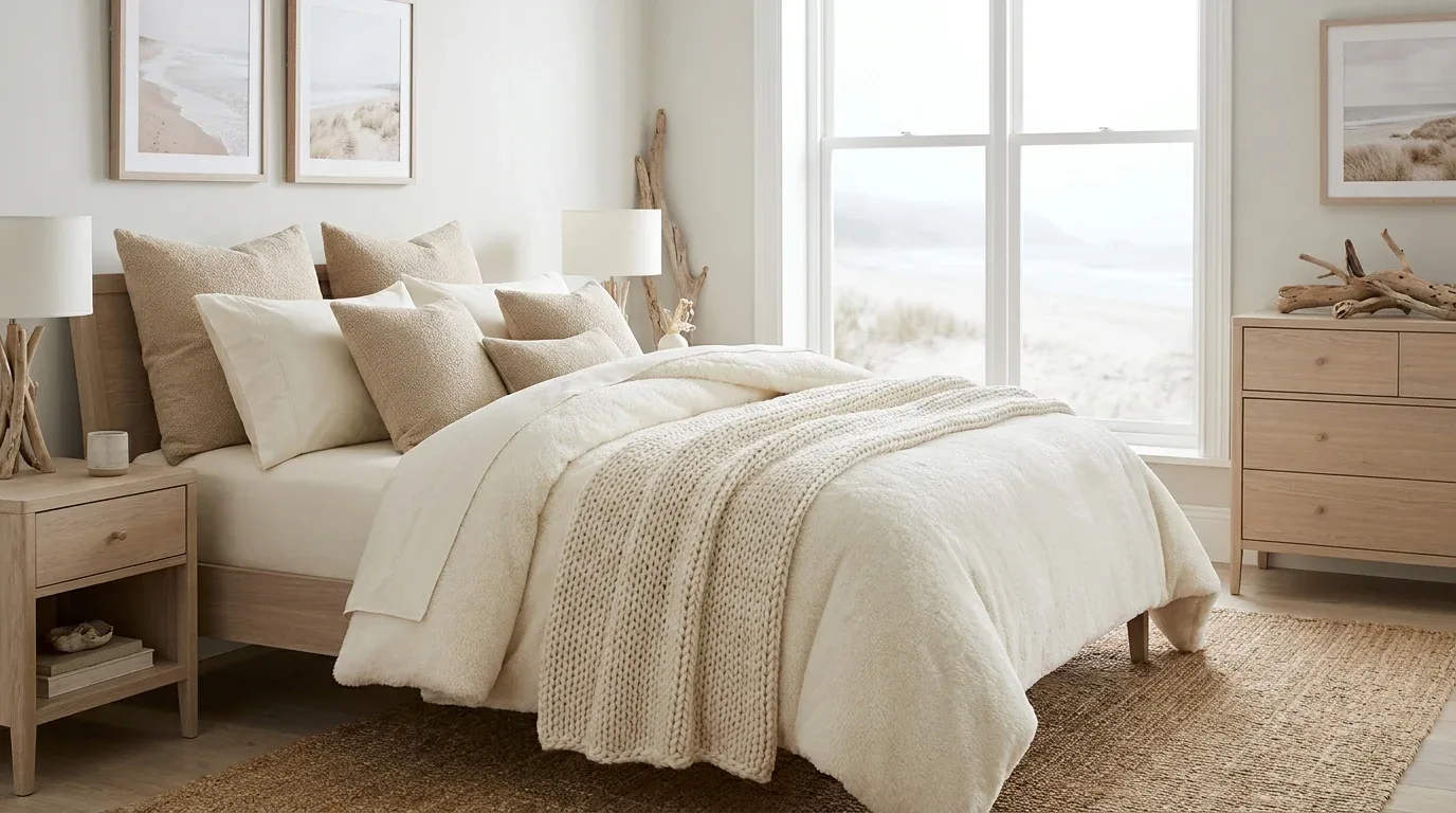 Coastal bedroom with creamy white layered bedding, a chunky knit blanket, and pale natural wood accents.