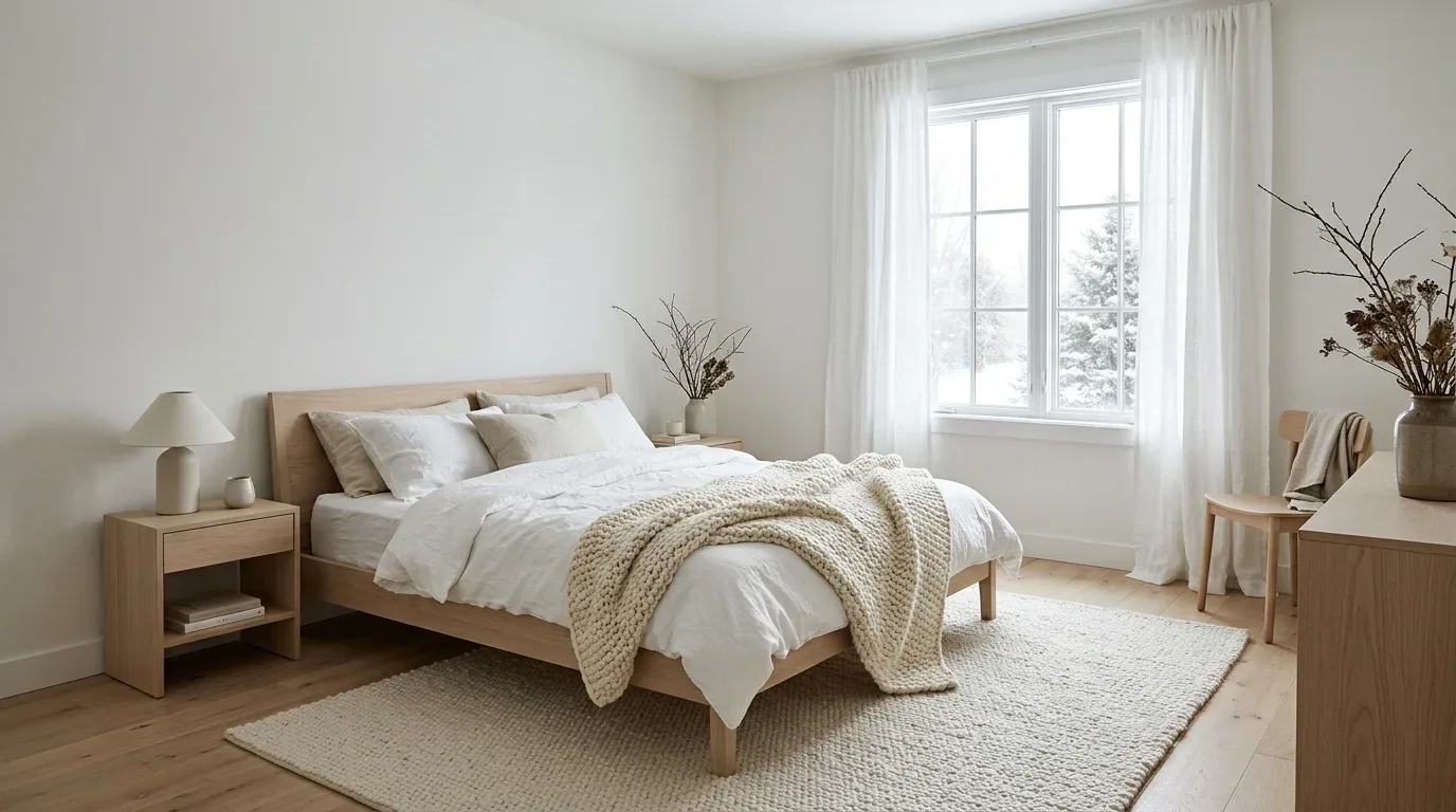 Airy Scandinavian bedroom with white bedding, pale oak furniture, and soft winter textures.
