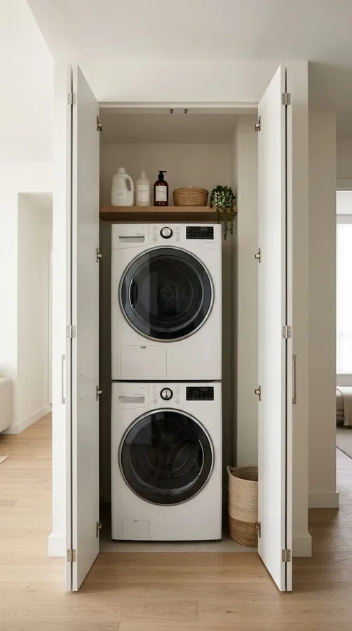 Minimalist white laundry closet with stacked washer and dryer and a simple storage shelf.
