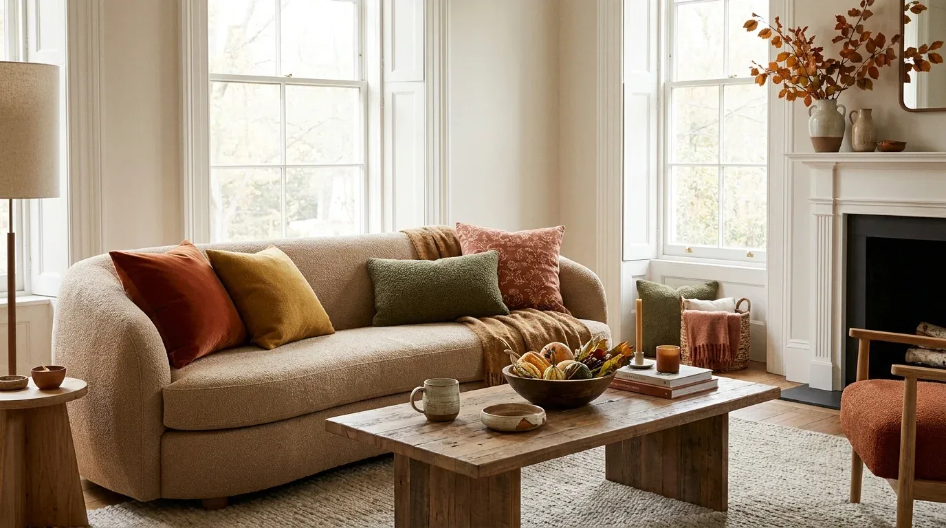 Cozy fall living room decorated in burnt orange, terracotta, mustard, and warm neutral colors.