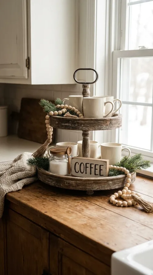 Rustic farmhouse tiered coffee tray with cream mugs, greenery, and wooden accents.