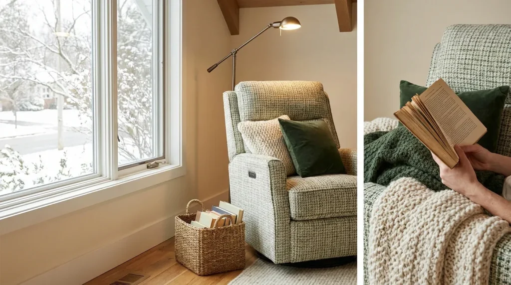 Power swivel rocker recliner adjusted for comfortable winter relaxation in a warm living room.
