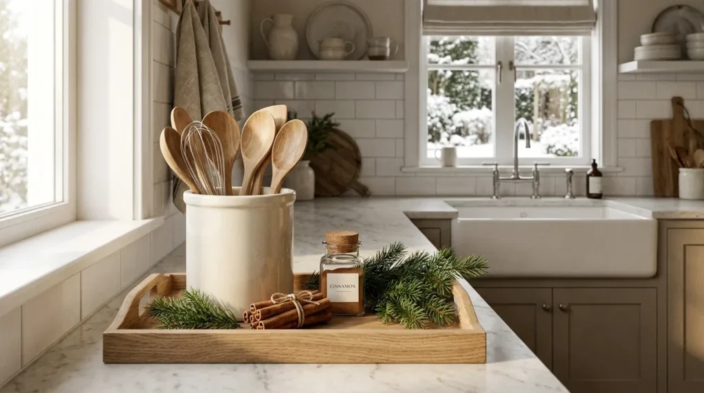 Wooden tray with winter greenery and ceramic kitchen accessories on a cozy countertop