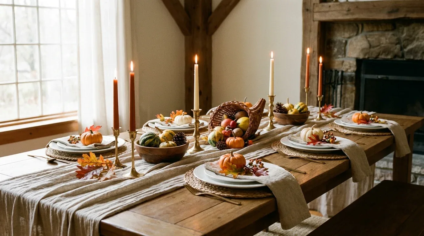 Classic autumn Thanksgiving table with mini pumpkins, fall leaves, neutral linens, and warm seasonal colors.