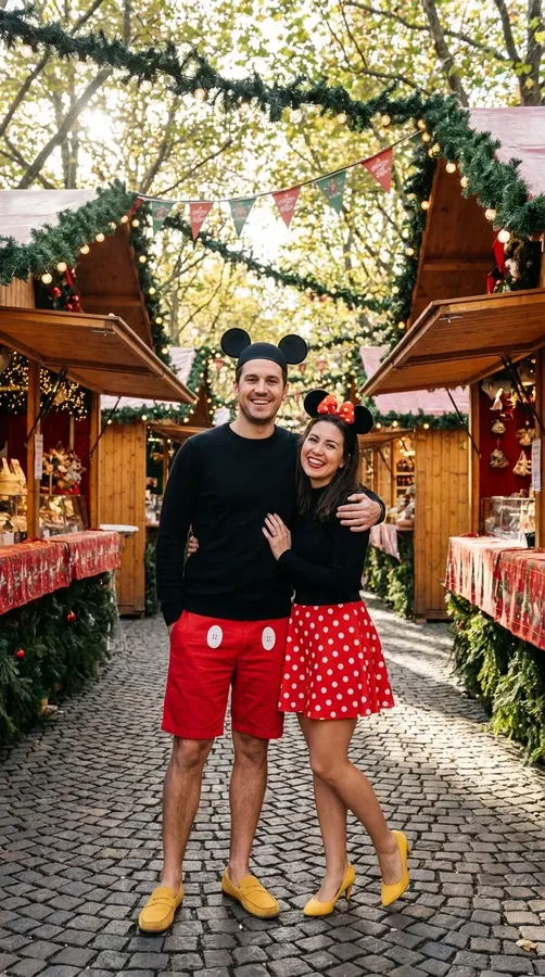 Couple wearing classic Mickey and Minnie Mouse costumes with red clothing, polka dots, and iconic mouse ears.
