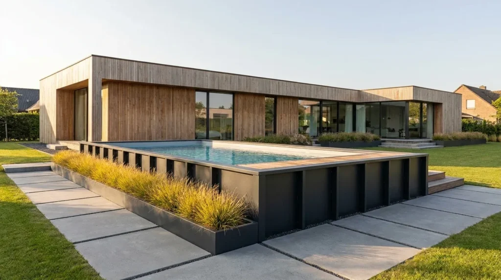 Classic round above-ground pool set on a level lawn with simple loungers and a leafy garden.