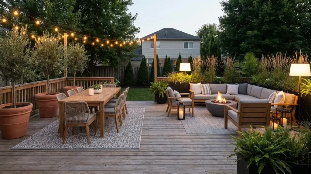 Simple budget-friendly rectangular backyard deck with basic seating and plants