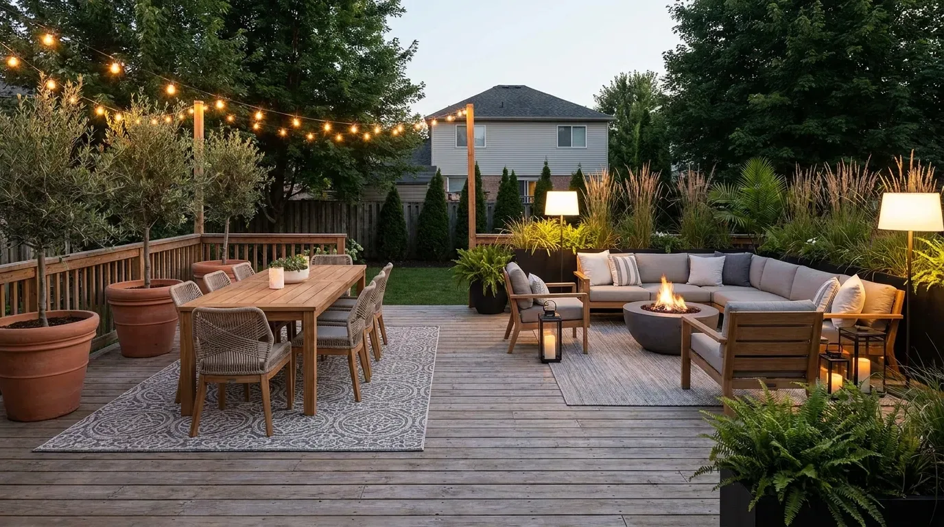 Simple budget-friendly rectangular backyard deck with basic seating and plants