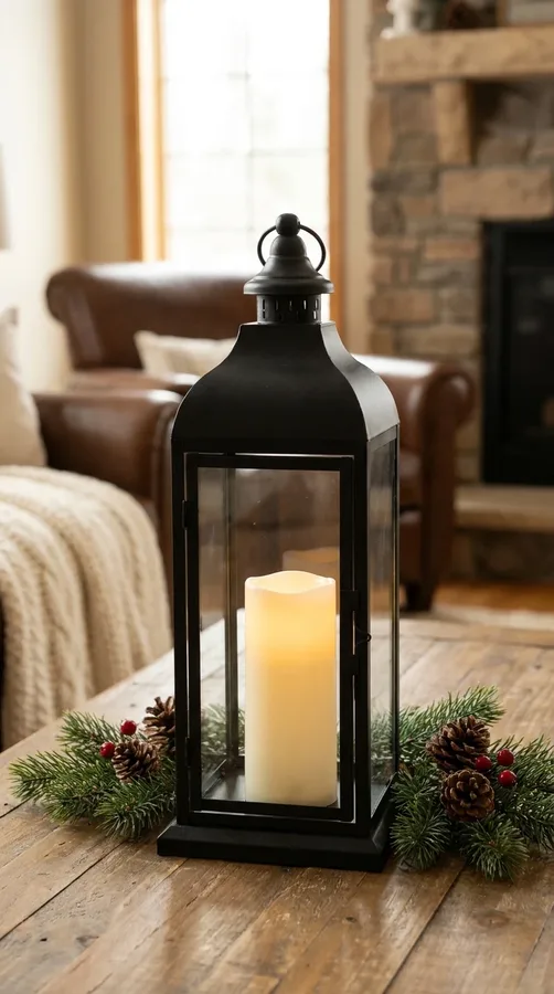 Classic black Christmas lantern with a glowing LED candle and evergreen accents in a cozy living room.