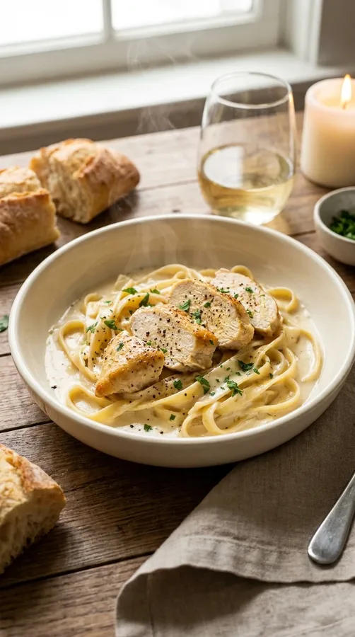 Creamy chicken Alfredo fettuccine topped with sliced chicken, Parmesan cheese, and fresh parsley.