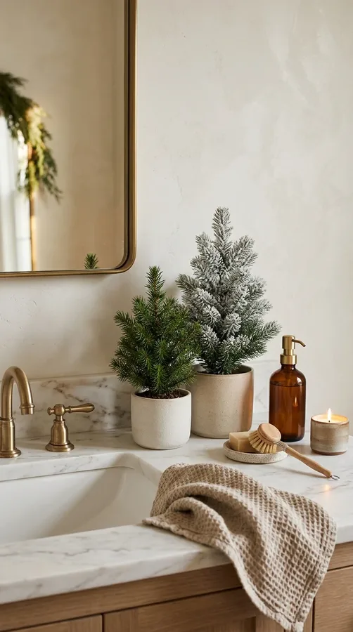 Christmas bathroom with a festive shower curtain, evergreen branches, snowflakes, and coordinated neutral towels.