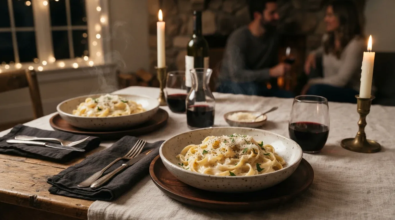 Creamy garlic Parmesan fettuccine served in elegant bowls for a cozy romantic winter dinner.