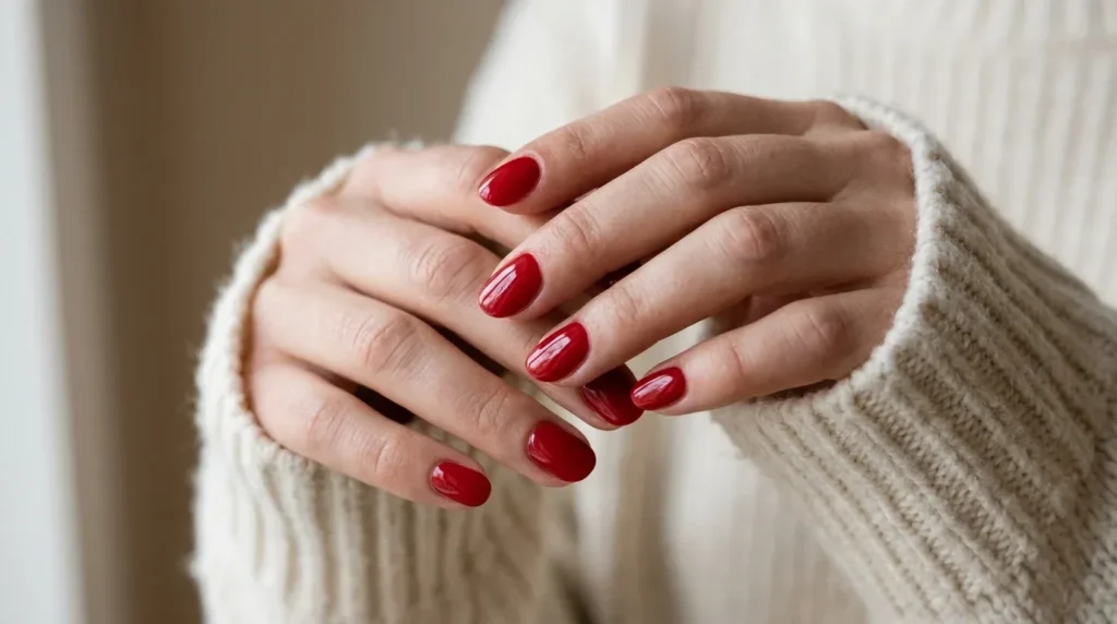 Classic glossy cherry red Valentine's Day nails with a polished finish and cozy winter sweater.