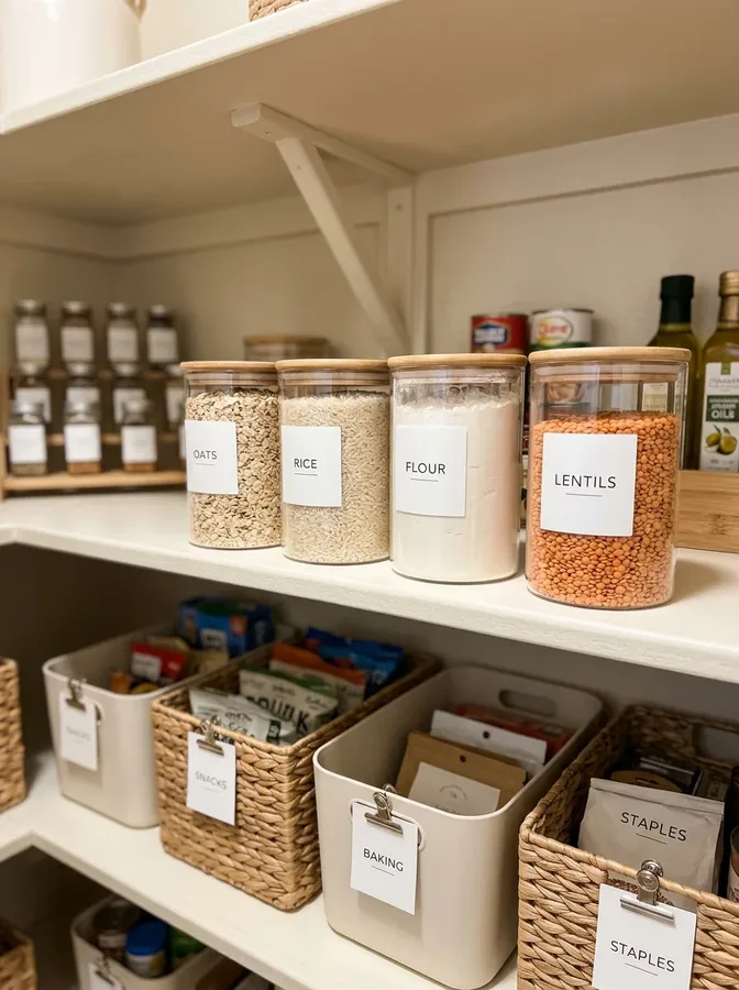 Clear airtight containers neatly organizing dry goods on compact pantry shelves.