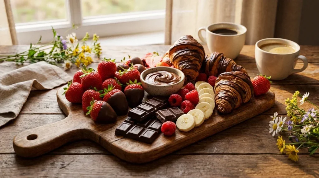 Heart-shaped pancakes with fresh berries, maple syrup, and whipped cream on a Valentine's Day breakfast board.