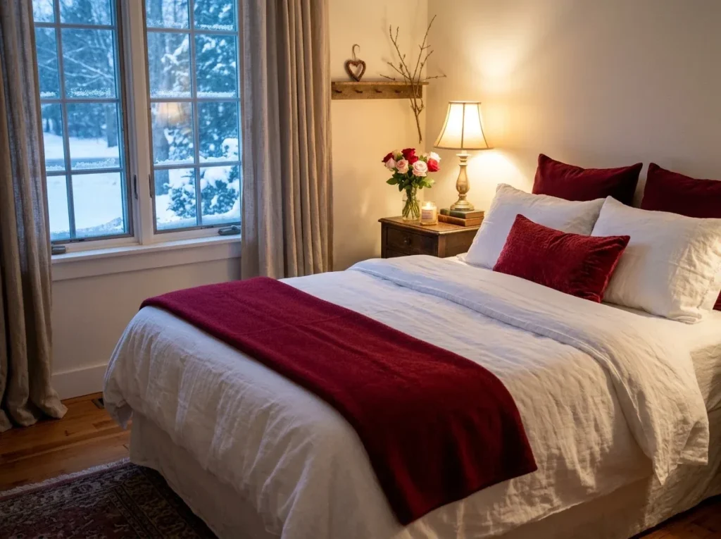 Romantic Valentine's Day bedroom with white bedding, cranberry red pillows, a matching throw, and roses.