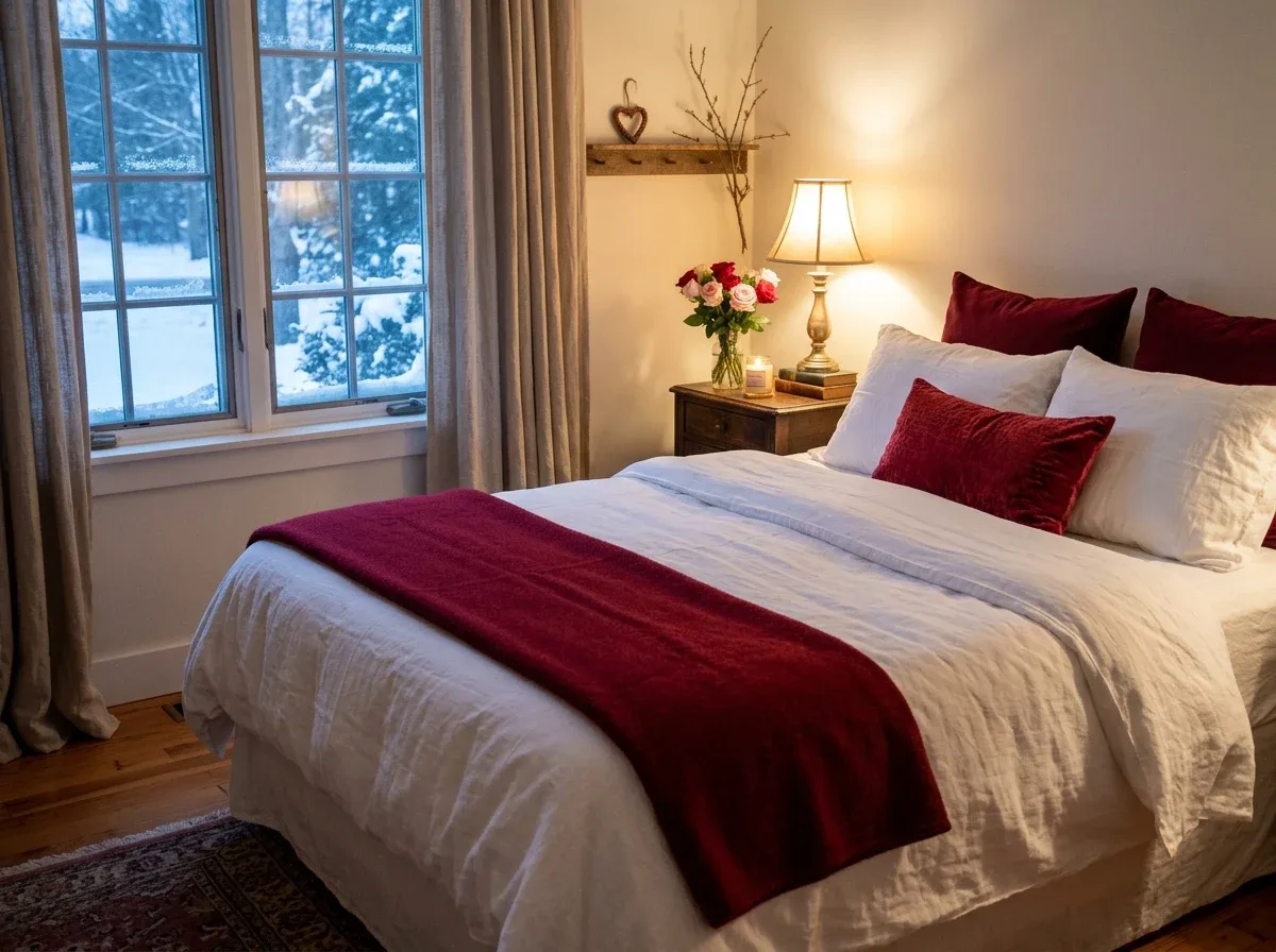 Romantic Valentine's Day bedroom with white bedding, cranberry red pillows, a matching throw, and roses.