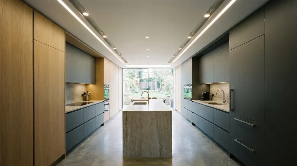 Modern kitchen with a simple border false ceiling and integrated lighting