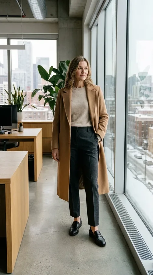 Woman wearing charcoal tailored trousers, an oatmeal sweater, and loafers for a polished winter work outfit.