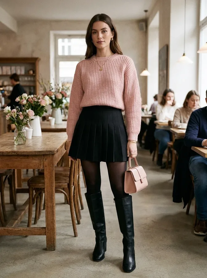 Blush pink sweater with a black pleated mini skirt, opaque tights, and knee-high boots for Galentine's Day.