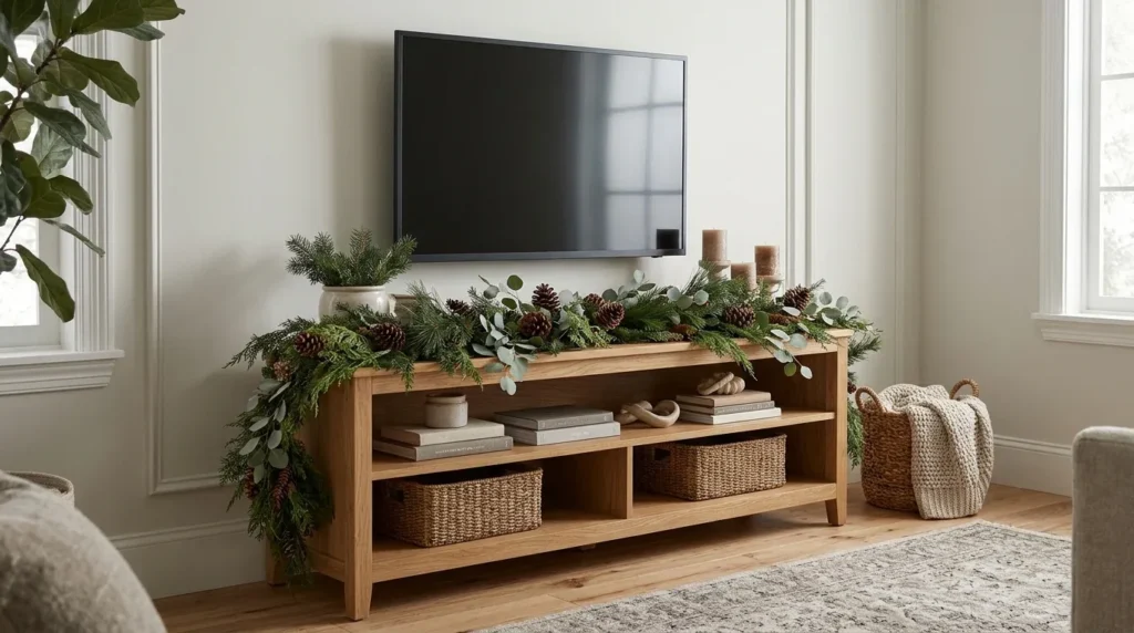 Warm oak TV stand decorated with lush winter greenery and pinecones in a cozy living room.