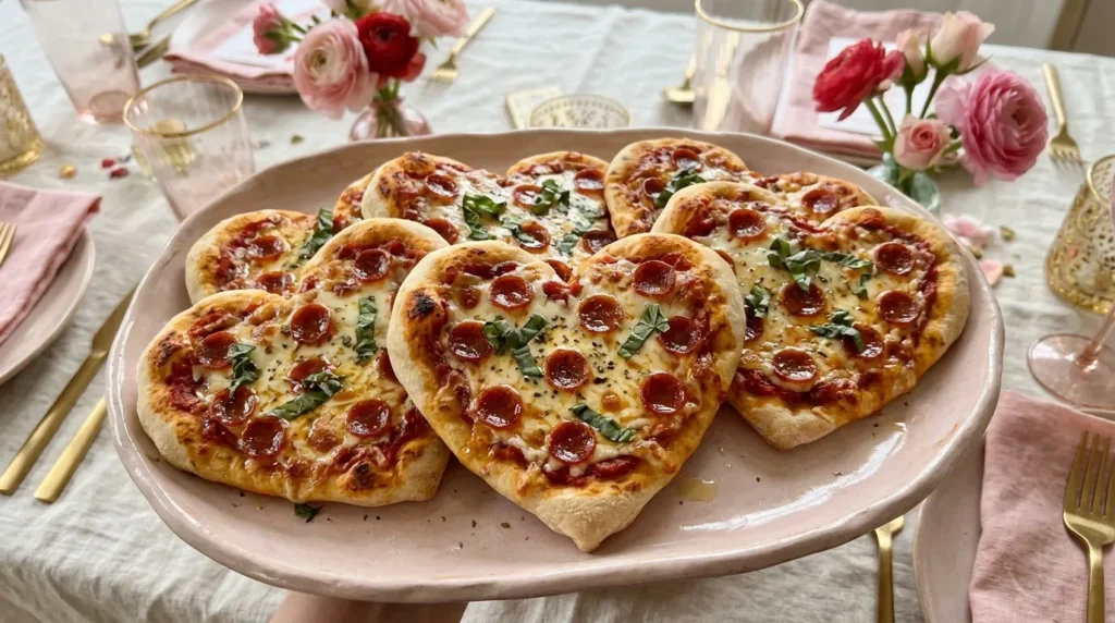 Heart-shaped mini pizzas topped with melted cheese, pepperoni, and fresh basil on a pink party platter.