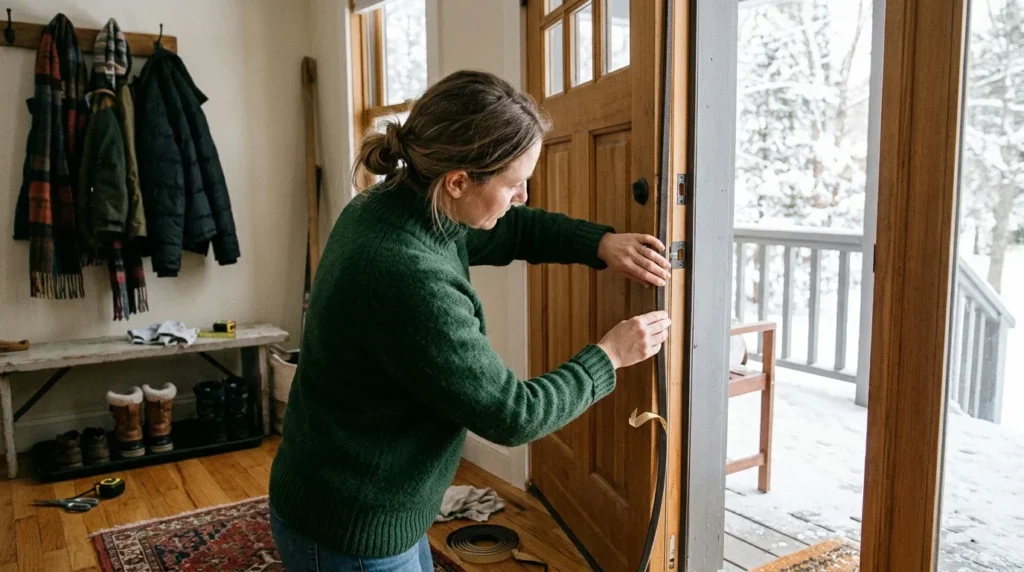 A homeowner seals a drafty exterior door with weatherstripping to keep cold air out.