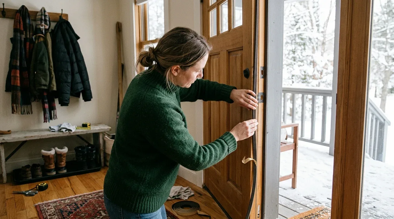 A homeowner seals a drafty exterior door with weatherstripping to keep cold air out.