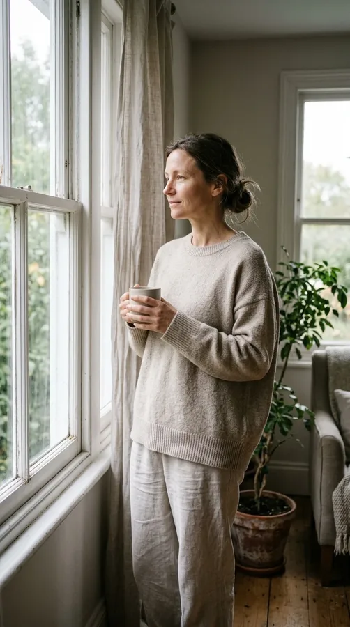 Woman standing beside a window in soft natural light for a flattering, authentic portrait.