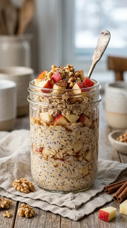 Apple cinnamon overnight oats topped with diced apples, walnuts, and cinnamon in a glass jar.