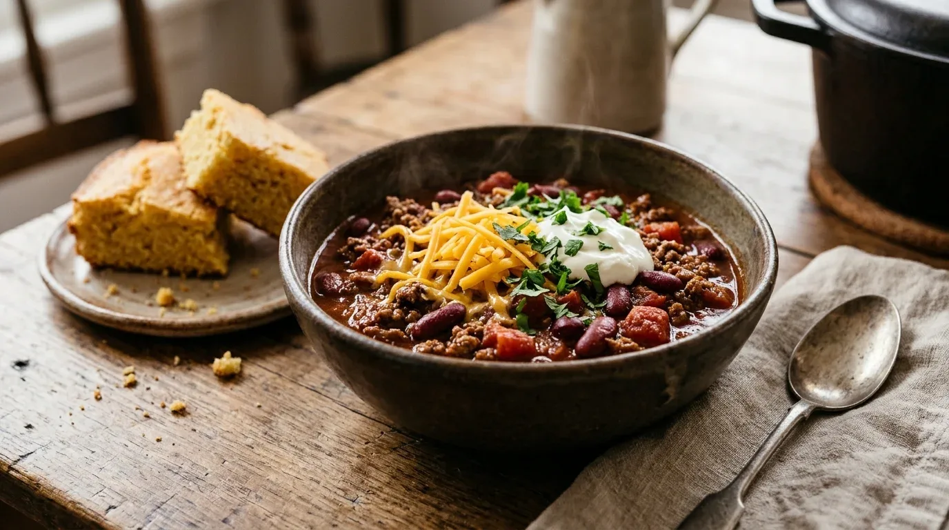 Homemade ground beef chili with kidney beans, cheddar cheese, sour cream, and cornbread for a cozy winter dinner.