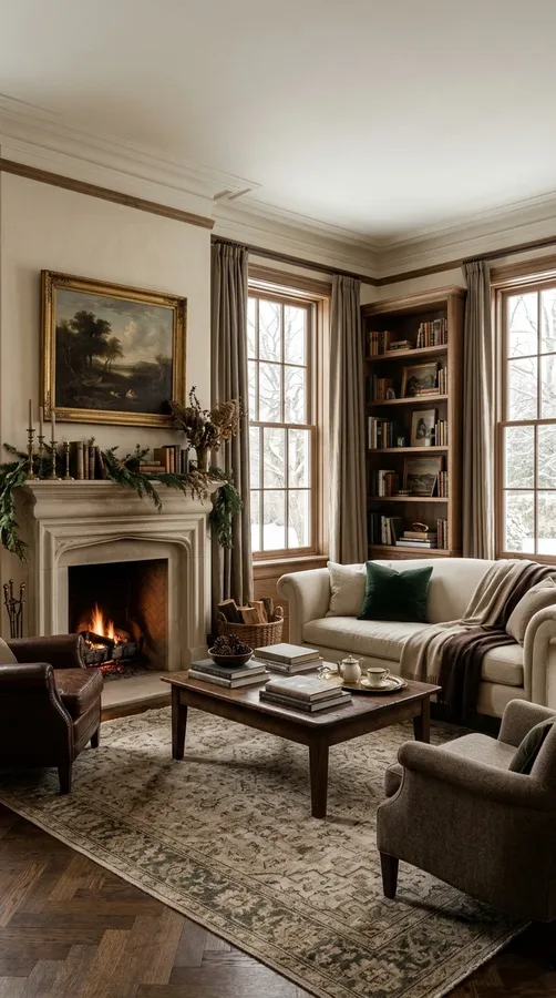 Elegant old money winter living room with warm neutral colors, classic furniture, and understated green accents.