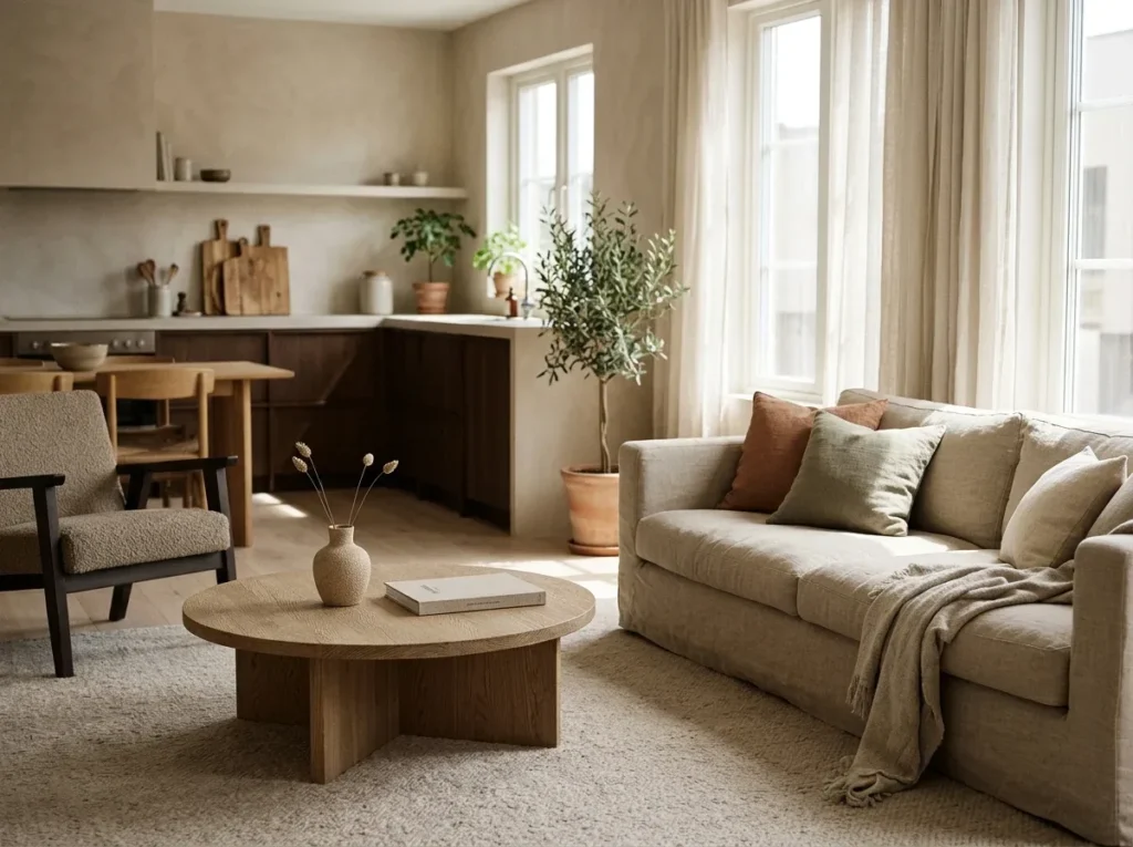 A tidy living room with an uncluttered coffee table and carefully edited decorative accessories.