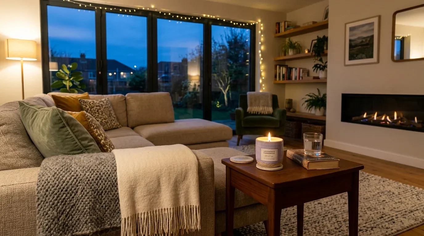 Lavender scented candle creating a relaxing atmosphere in a cozy living room