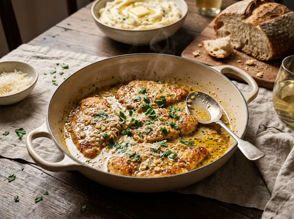 Creamy garlic Parmesan chicken in a rich skillet sauce served with mashed potatoes for a cozy winter dinner.