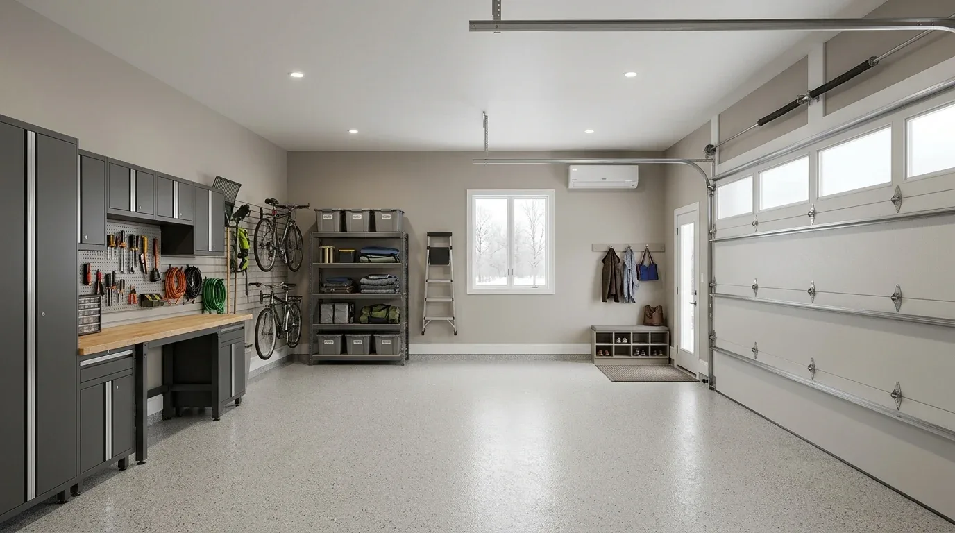 Insulated residential garage with finished walls and organized storage for a warmer winter workspace.