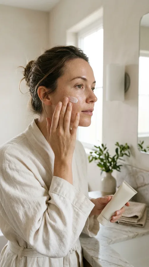 Woman applying sunscreen to her cheek as part of a daily skin protection routine.